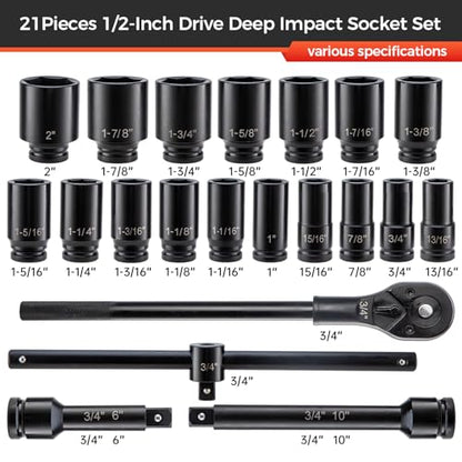 21PCS 3/4" Drive Impact Socket Set,6 Point Axle Nut Socket Set,SAE Sizes(3/4" to 2"),Cr-Mo Steel,Includes Adapter and Quick-Release Ratchet(24 Tooth) for Large Vehicle & Equipment Maintenance - size: 3/4" SAE 21pc