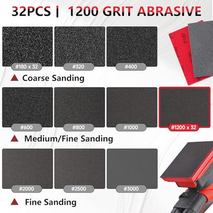 32 PCS 1200 Grit Sanding Sponge, Soft and Flexible Sandpaper Block | 3 x 4 Inch, Hook and Loop, Wet and Dry Use, Washable and Reusable, Tear-Resistant Polishing Pads for Metal Auto Paint Wood - style: 32Pcs 1200Grit