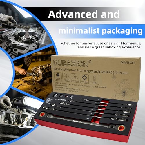 Extra Long Flex Head Ratcheting Wrench Set 6PCS Metric (8-19mm), Double Box End Wrench Set 180° Flexible Head CR-V Steel for Tight Engine Bays, with 4PCS Socket Wrench Adapters & Pouch