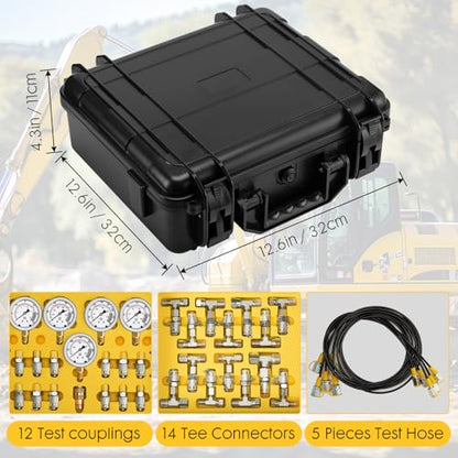Hydraulic Pressure Test Kit with 5 Gauges 12 Test Couplings.14 Tee Con nectors.5 Test Hoses,Hydraulic Gauge Kit with Sturdy Carrying Case for Excavator Construction Machinery
