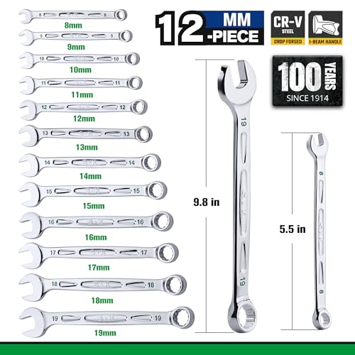 SK Combination Wrench Set, Metric 8 to 19mm, 12-Piece, SuperKrome Finish, Premium CR-V Construction, with Rolling Pouch - size: Metric
