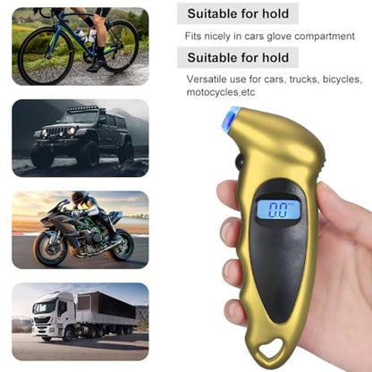 KVAEY Digital Tire Pressure Gauge, 150 PSI 4 Settings Accurate Tire Gauge with Non-Slip Grip, Backlight LCD Tire Pressure Gauge Reader Checker Tool for Car Truck Bicycle Motorcycle (Golden) - color: Golden