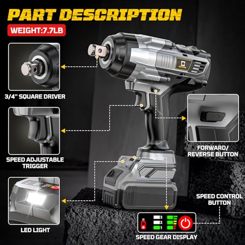 Cerycose 3/4" Cordless Impact Wrench Compatible with DeWalt 20V Battery, 1850 Ft-lbs (2500N·m) High Torque Brushless Impact Driver, 4 Sockets & Carrying Case, Heavy Duty for Trucks, Cars & Mowers - size: 3/4inch, style: Compatible with DeWalt& 4Sockets(No