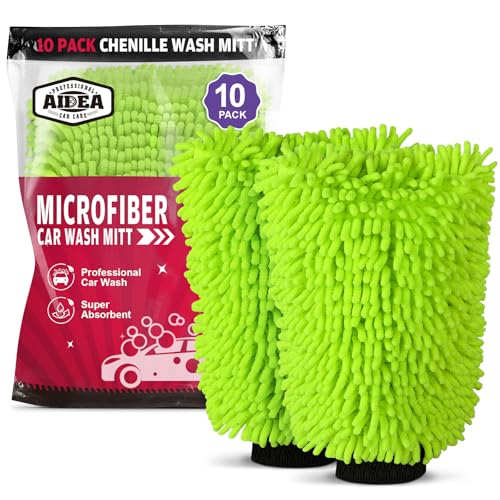 AIDEA Car Wash Mitt Microfiber, 10PK, Car Wash Brush, Green, 7.12''X10.14'' | Scratch Free Lint Free Premium Chenille Microfiber Mitt, Cleaning Supplies, Regular Size - color: Green, size: 10PK-7.12''X10.14''