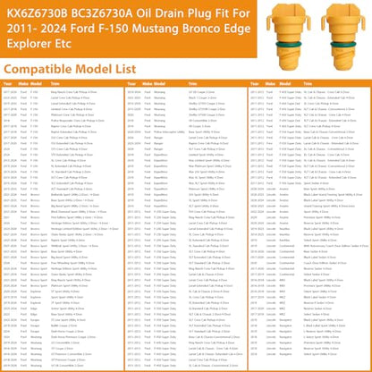 Oil Drain Plug 6 Pack Compatible with Ford F150 Mustang Bronco Edge Lincoln Explorer 2.7, 3.0, 3.5, 5.0 KX6Z6730B KX6Z-6730-B FT4Z-6730-A BC3Z-6730-A