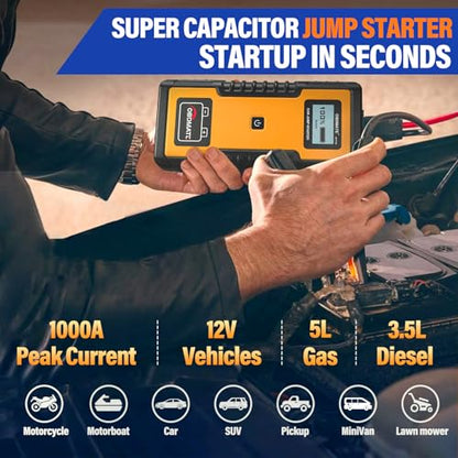 Car Jump Starter 800A for 12V Gas Diesel Engines Non-li Battery | Made of Super Capacitor; Non-li Battery Jump Starter; 12V Portable Jump Starter for Car Battery, Yellow