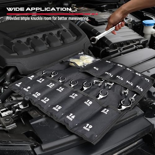 SEDY 14-Piece Flare Nut Wrench Set with PTFE Tape, Metric & SAE Brake Line Wrench Offset 1/4"-7/8"& 9-21mm Set Double Open End with Organizer Pouch for Repairing and Removing Nuts - style: 14-Pc MM/SAE + 2 Tape (Flare)