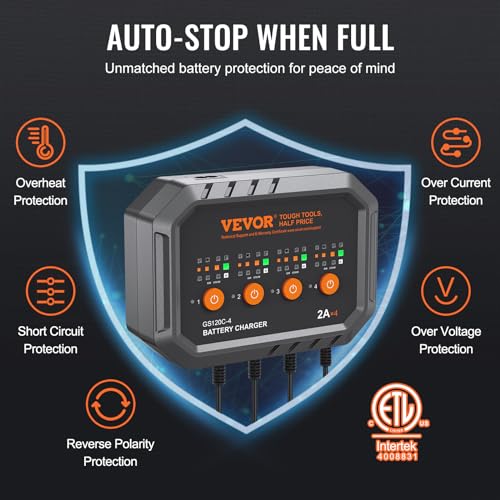 VEVOR Smart Battery Charger, 2A x 4, LiFePO4 Lead-Acid (AGM/Gel/SLA) Car Battery Charger, Fully-Automatic Charger Maintainer Desulfator for Boat Motorcycle Lawn Mower Golf Cart Marine Deep Cycle - size: 2A*4