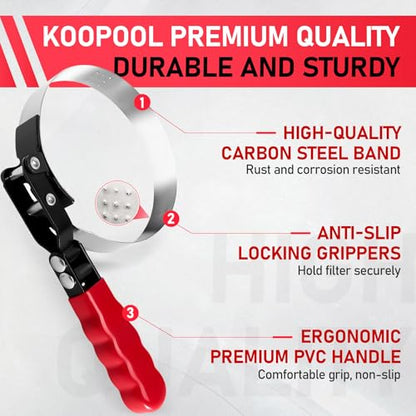 KOOPOOL 8Pc Oil Filter Wrench Set – Fits 2-3/4" to 5-1/4" | 8-piece oil filter removal tool set: 2 adjustable pliers (9" & 12"), swivel wrenches, adapter. Organized in storage case