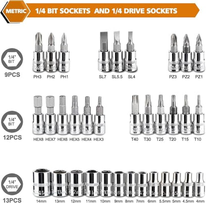 Egofine 46 Pieces 1/4 inch Drive Socket Ratchet Wrench Set, with Bit Socket Set Metric and Extension Bar for Auto Repairing and Household, with Orange Storage Case - style: 1/4" 46 PCS-Orange