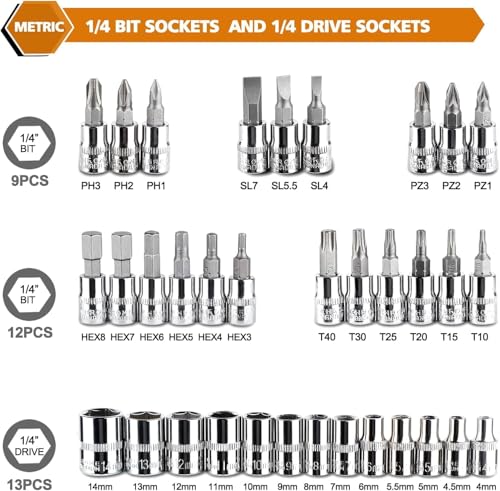 Egofine 46 Pieces 1/4 inch Drive Socket Ratchet Wrench Set, with Bit Socket Set Metric and Extension Bar for Auto Repairing and Household, with Black Storage Case - style: 1/4" 46 PCS-Black