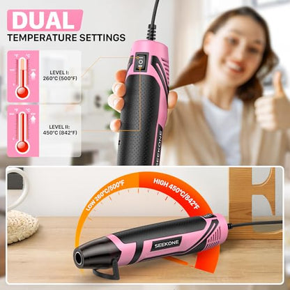 SEEKONE 350W Mini Heat Gun with 2-Temp Settings 500℉ & 842℉(260℃& 450℃) Fast Heat Hot Air Gun Tool with Overload Protection and Reflector Nozzle for 3D Printing, Crafting, and Shrink Tubing - color: Pink