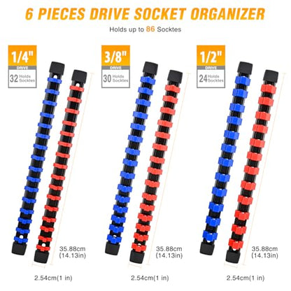 GOOACC Socket Organizer ABS Socket Holder Set 1/4" 3/8" 1/2" Drive Socket Rail Holders Stores up 86 Clips Impact Sockets Organizers Rails for Tool Box Drawer, 6 Piece Blue Red - size: Clip Rail 6PC 1/4"3/8"1/2" Blue Red