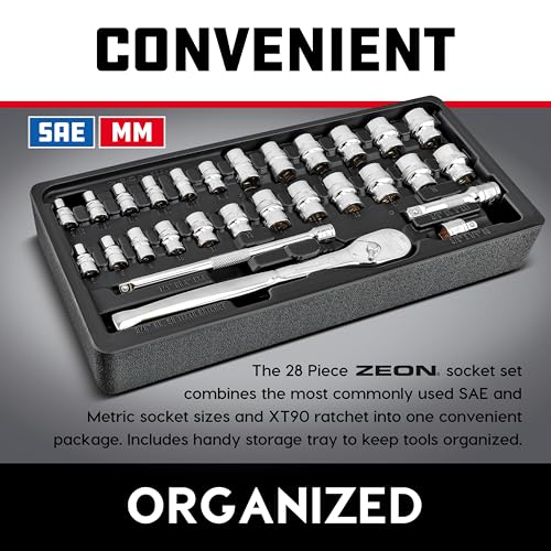 Powerbuilt 28-Piece Zeon Socket Set, SAE & Metric Rounded Fastener Grip Sockets with XT90 90-Tooth Ratchet, Extensions & Storage Tray - 941763 - size: Metric and SAE