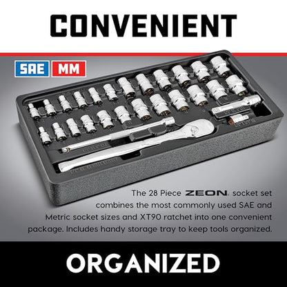 Powerbuilt 28-Piece Zeon Socket Set, SAE & Metric Rounded Fastener Grip Sockets with XT90 90-Tooth Ratchet, Extensions & Storage Tray - 941763 - size: Metric and SAE