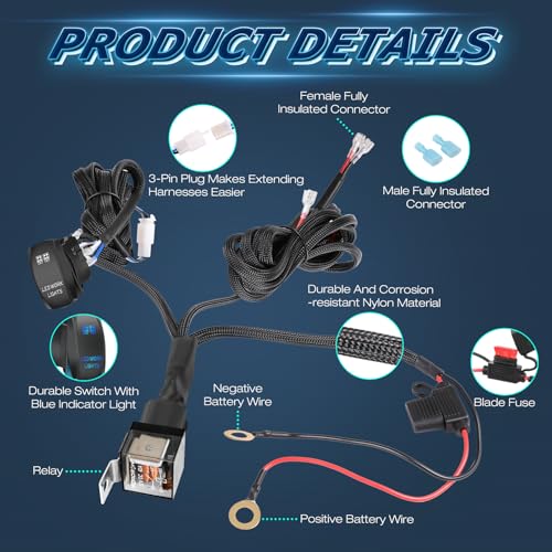 Wiring Harness 2 Lead, Niwaker Nylon Wire Harness Kits for LED Light Bar LED Pods Work Lights Fog Lights 12V 40A Wiring with Rocker Switch Relay Fuse Compatible with Truck UTV ATV SUV Off Road RV Boat
