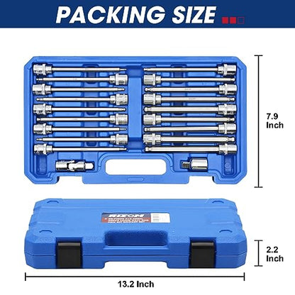 Rizom 3/8" Drive Long Allen Socket Set, 20-Piece Ball-End Hex Bit Set | S2 Steel Ball End Head Socket, 5.5" Extra-Long SAE & Metric Hex Bit Set (1/8-3/8 in., 3-10 mm), for Professional Auto Repair - style: Ball end allen hex bit sockets