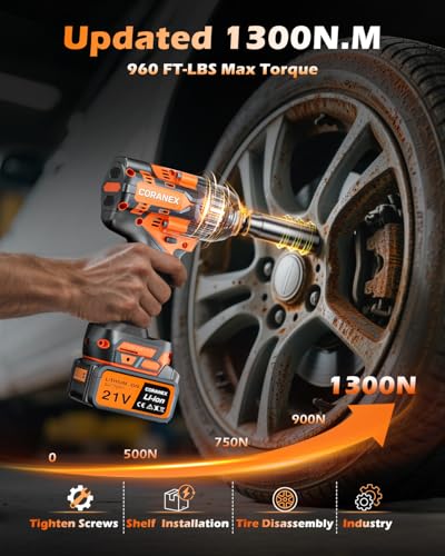 1/2" Cordless Impact Wrench | 1300N.m (960ft-lbs) | Fast Charger | 2x4.0Ah Batteries - Longer Runtime | 3 Variable Speeds | Brushless High Torque Impact Gun for Car/Mower/Pickup with Case
