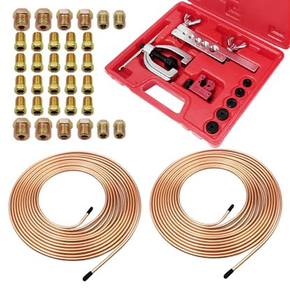 Brake Line Flaring Tool Kit & 25Ft 1/4" 3/16" Copper Plated Brake Line Kit, 32 Pcs Inverted Flare Fittings, Double & Single Flaring Tool for Brake Line Repair