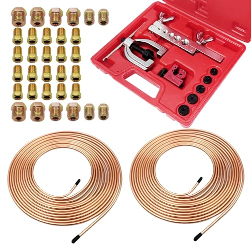 Brake Line Flaring Tool Kit & 25Ft 1/4" 3/16" Copper Plated Brake Line Kit, 32 Pcs Inverted Flare Fittings, Double & Single Flaring Tool for Brake Line Repair