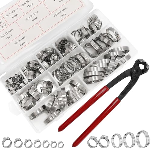 304 Stainless Steel Single Ear Hose Clamps Assortment Kit with Clamp Pliers 6 to 36mm Stepless Crimp Hose Clamps for Auto Pipe Fuel Line Home Appliance (150pcs) - size: 150pcs