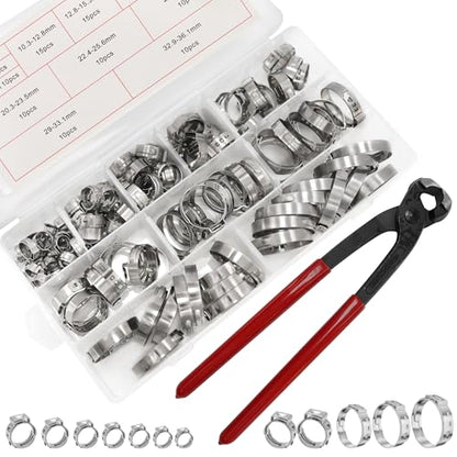 304 Stainless Steel Single Ear Hose Clamps Assortment Kit with Clamp Pliers 6 to 36mm Stepless Crimp Hose Clamps for Auto Pipe Fuel Line Home Appliance (250pcs) - size: 250pcs