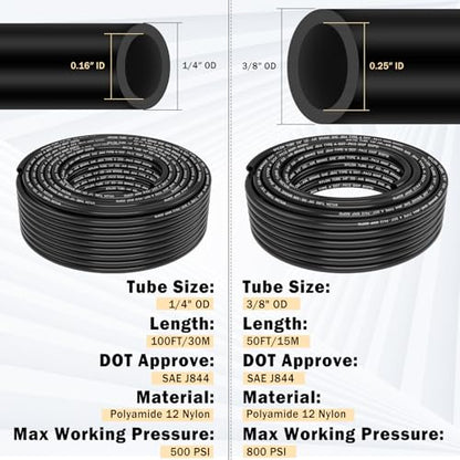 CheeMuii 76 PCS Brass DOT Air Line Fittings with 100FT 1/4" and 50FT 3/8" DOT Air Line Kit Push Lock Air Fitting Quick Connect & NPT Thread Fittings with Pneumatic Tubing Set - size: 2ROLL-80PCS-BLACK