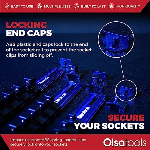 Olsa Tools 3-Piece Aluminum Socket Organizer with Locking End Caps | 1/4-Inch, 3/8-Inch, 1/2-Inch Drive x 24, 18, 16 Clips | Professional Quality Socket Holder (Blue) - color: Blue, size: 3pc, 1/4, 3/8, & 1/2-Inch Drive