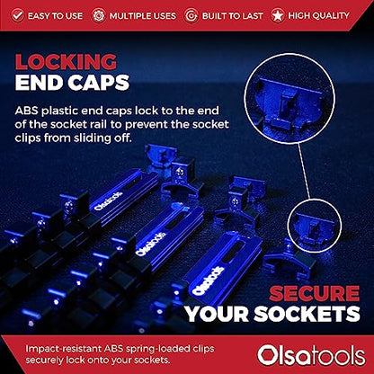 Olsa Tools 3-Piece Aluminum Socket Organizer with Locking End Caps | 1/4-Inch, 3/8-Inch, 1/2-Inch Drive x 24, 18, 16 Clips | Professional Quality Socket Holder (Blue) - color: Blue, size: 3pc, 1/4, 3/8, & 1/2-Inch Drive