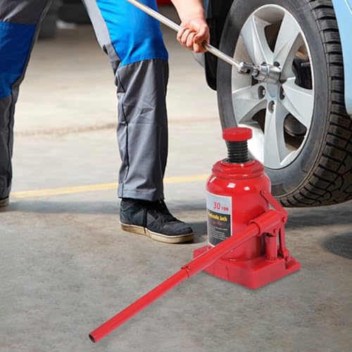 mignonnememe 30 Ton Low Profile Welded Bottle Jack, Hydraulic Jack for Lifting Cars, Trucks, Heavy Equipment, 9.25in Body Height, 66,138 lbs Capacity, Red