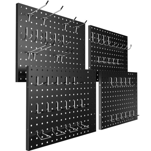 Heavy Duty Peg Board, 4 Pack Metal Pegboard Panels with 50 Hooks | Black Pegboard Organizer - Wall Mount Storage System for Garage and Garden Tools, Workbench, Office & Home Organization - color: Black, size: 16x12"- 4 Pcs