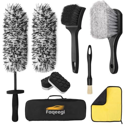 9PCS Wheel Detailing Kit Metal-Free Scratch-Free Boar Hair Rim Brush | Scratch-free boar hair & microfiber, dual-hardness tire pads, towel, storage bag, multi-vehicle wheel care gift set - color: 9