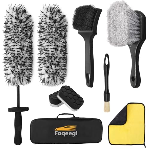 9PCS Wheel Detailing Kit Metal-Free Scratch-Free Boar Hair Rim Brush | Scratch-free boar hair & microfiber, dual-hardness tire pads, towel, storage bag, multi-vehicle wheel care gift set - color: 9