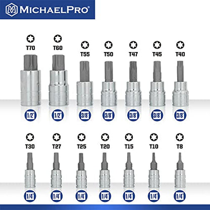 MichaelPro 16-Piece Torx Bit Socket Set with Rail, 1/4'', 3/8'' and 1/2'' Drives, T8 - T70, High Torque Resistant S2 Steel, Socket Adapters and Rail Organizer Included - MP012022 - size: 16Pc Torx
