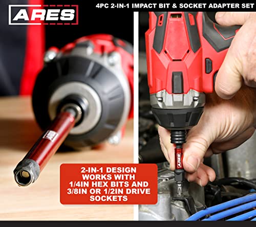ARES 22028 – 2-in-1 Impact Bit and Socket Adapter Set – 3-Inch and 8-Inch Adapters - Unique Design Holds Standard 1/4-Inch Hex Bits and 3/8-Inch Drive Sockets – Spinning Sleeve Stabilizes Adapter - size: 4pc 2-in-1 Impact Bit and Socket Adapter Set