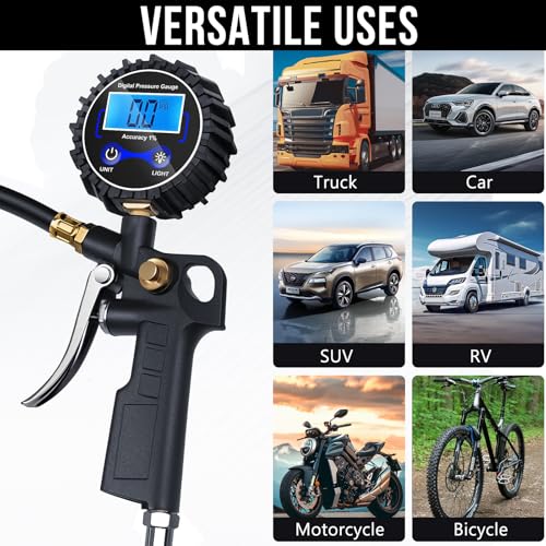 Digital Tire Pressure Gauge with Inflator, 3-250 PSI Air Compressor Accessories with Air Chuck Quick Connect Coupler, Car Attachments with Rubber Hose for Car, Truck, SUV, Cycle, RV