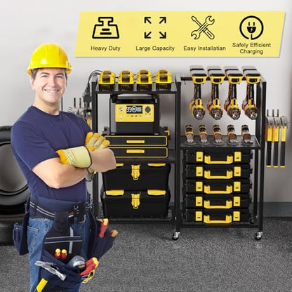 6-Tier Large Power Tool Organizer Cart with Charging Station, Heavy-Duty Garage Rolling Tool Cart with 6 Wheels, 8 Hooks & Adjustable Shelves, Holds 700LBS+ - color: Black