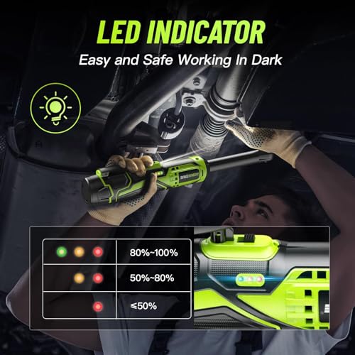 Robustrue 3/8" Cordless Ratchet Wrench, 6-inch Extended Ratchet Wrench, 40Ft-lbs 400RPM Cordless Ratchet, 2 Batteries Power Electric Ratchet Driver with Variable Speed, 7 Sockets, LED Light