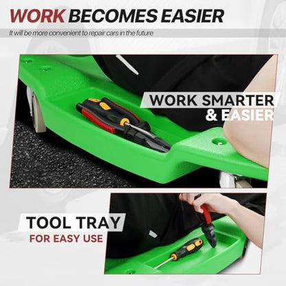 Mechanic Creeper 47 Inch, Low Profile Under Car Rolling Creeper with Padded Headrest and Tool Trays, 300 LBS Capacity, Green