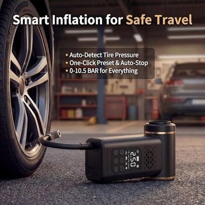 5-in-1 Cordless Car Vacuum and Tire Inflator, 150 PSI Air Compressor | Auto Shut-Off, Blower, LED Light, Portable, Cordless