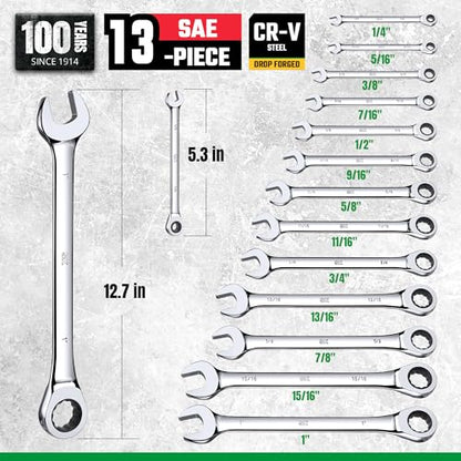 SK Ratcheting Wrench Set, Combination Wrench Set, 13-Piece, SAE 1/4" to 1", 72-Tooth, Premium CR-V Construction, with Rack Organizer - size: SAE