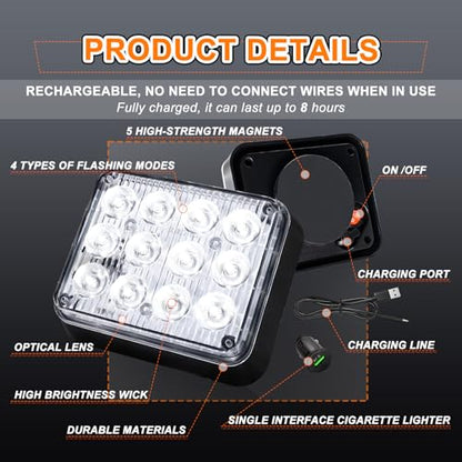 2PCS LED Magnetic Strobe Lights, White Strobe Beacon Warning Light | Battery Operated Portable Wireless Beacon Road Flares Emergency Rechargeable Flashing Lights for Vehicles, Truck, ATV,Van,RV - color: White