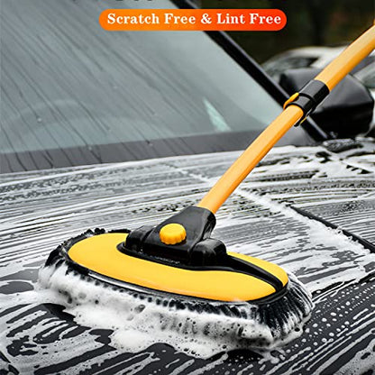 Mveqrrn15°Curved Chenille Car Wash Brush, Extendable Long Handle Mop-Yellow | car wash mop, cleaning brush supplies, microfiber replacement head, Car Wash accessories for cars trucks RV