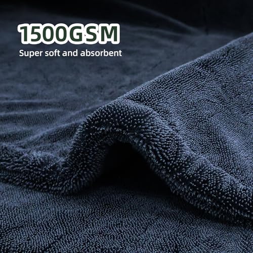 2-Pack 1500GSM Microfiber Drying Towel for Car 24"x36" & 11.8"x11.8"（Blue） | Ultra Absorbent Streak-Free Lint Free Twisted-Loop Cleaning Cloth for Cars Motorcycles Windows Kitchen