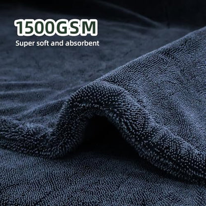 2-Pack 1500GSM Microfiber Drying Towel for Car 24"x36" & 11.8"x11.8"（Blue） | Ultra Absorbent Streak-Free Lint Free Twisted-Loop Cleaning Cloth for Cars Motorcycles Windows Kitchen