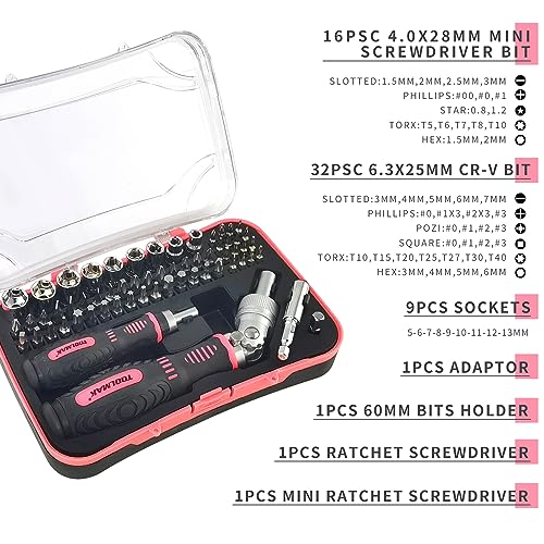 TOOLMAK Ratcheting Screwdriver Set, 61pcs Socket & Precision Bit Set | Cr-V Steel, Rotatable Ratchet Handle & Storage Case, Ideal for Bikes, Electronics, Watches & Glasses - style: 61pcs Pink Ratchet Screwdriver
