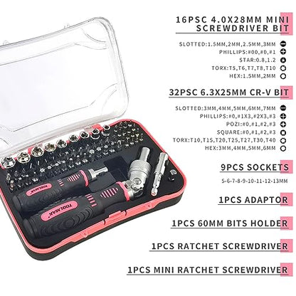 TOOLMAK Ratcheting Screwdriver Set, 61pcs Socket & Precision Bit Set | Cr-V Steel, Rotatable Ratchet Handle & Storage Case, Ideal for Bikes, Electronics, Watches & Glasses - style: 61pcs Pink Ratchet Screwdriver
