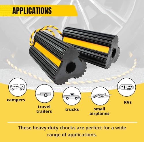 MAXXHAUL 51244 Solid Rubber Wheel Chock, 4 Pack, Heavy Duty with Nylon Rope, Yellow Reflective Tape, 7.8x4.1x3.9 Inch, for RV Trailer Truck Car