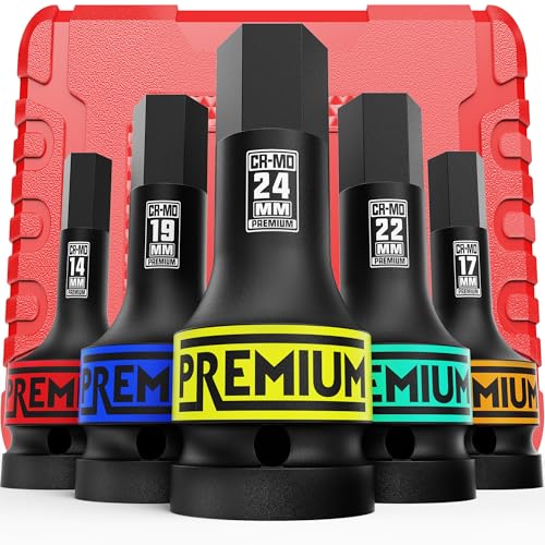3/4" Drive Impact Hex Bit Socket Set, Metric,14mm, 17mm, 19mm, 22mm, 24mm, Impact Allen Bit Socket, Cr-Mo Steel, One-Piece Construction, 5-Pieces - size: 3/4" Hex Metric