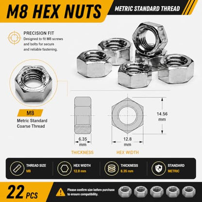 22Pcs M8 Hex Nuts, 304 Stainless Steel Hardware Nuts, Full Thread Hex Drive, for Heavy Machinery, Construction, Automotive Repairs - size: M8 (22 pcs)
